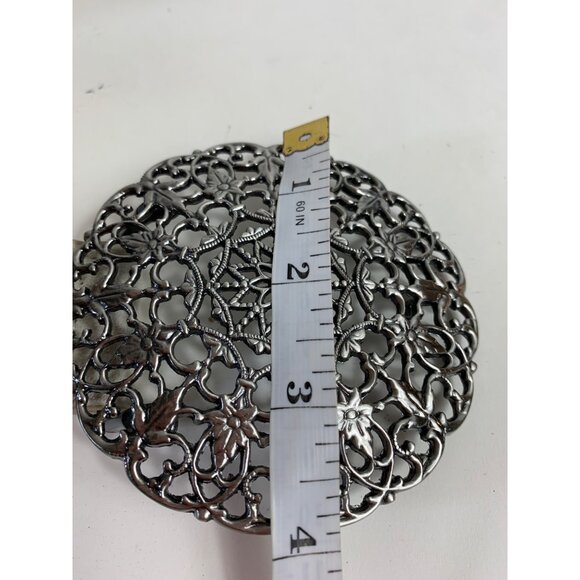 90s Taupe Leather Belt Size S Intricate Laser Cut Out Ornate Silver Buckle VTG - Picture 10 of 14